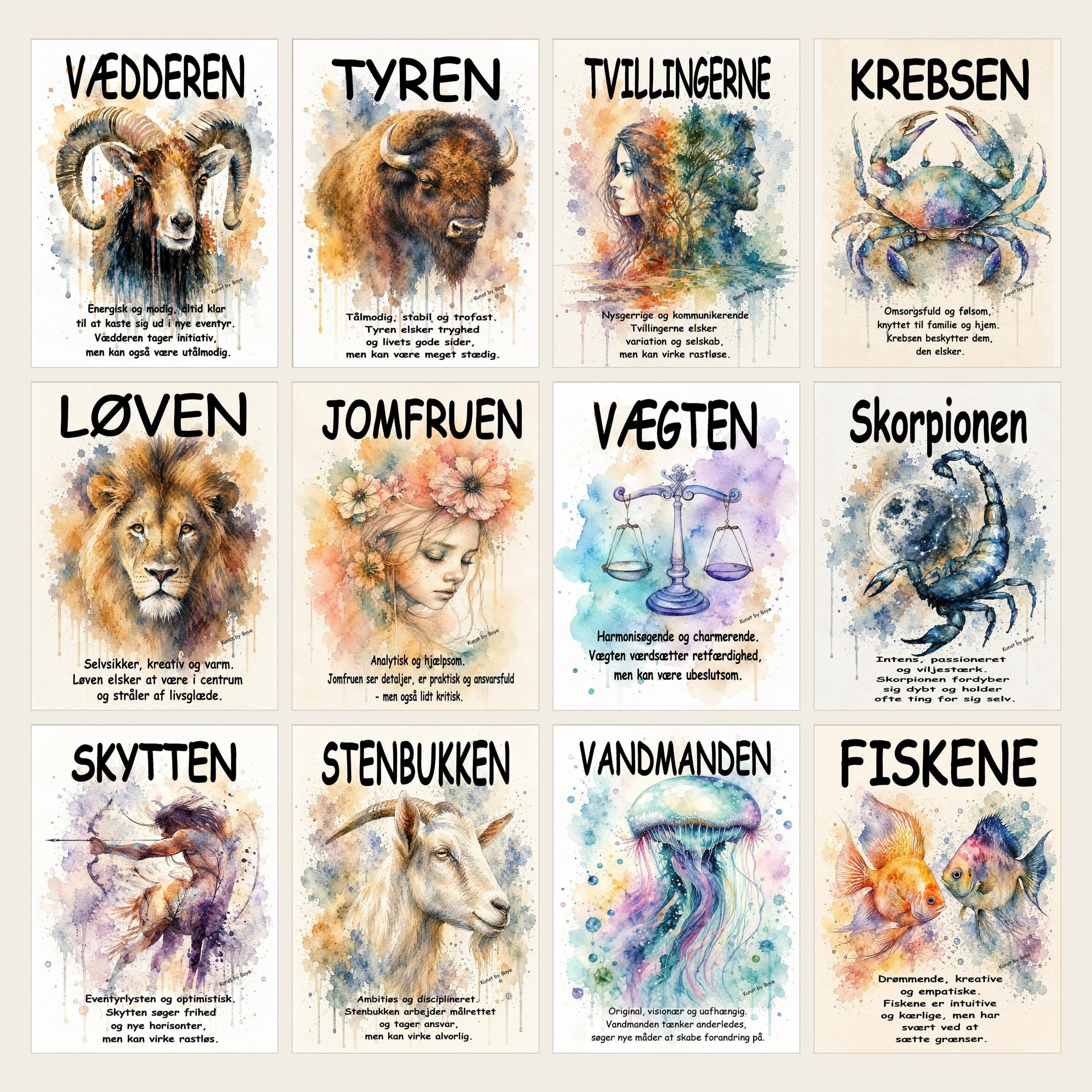 Stjernetegn som kunsttryk fåes i 21x30 cm - 30x40 cm - 40x50cm i passepartout og som A6 eller A5 kort